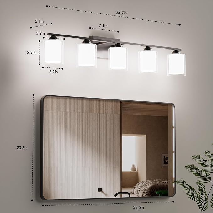 Quntis 5 Light Brushed Nickel Bathroom Light Fixtures, Modern Vanity Lights Over Mirror with 5 Colors & Stepless Dimmable, 33 Inch LED Bathroom Lighting with Milk White Frosted Glass (Bulbs Included)