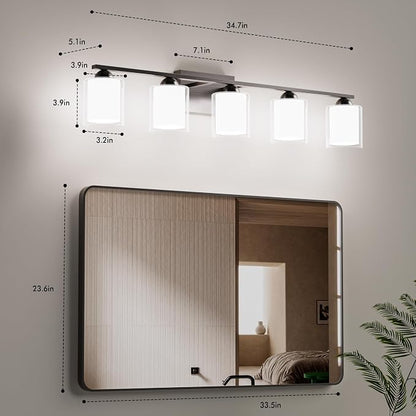 Quntis 5 Light Brushed Nickel Bathroom Light Fixtures, Modern Vanity Lights Over Mirror with 5 Colors & Stepless Dimmable, 33 Inch LED Bathroom Lighting with Milk White Frosted Glass (Bulbs Included)