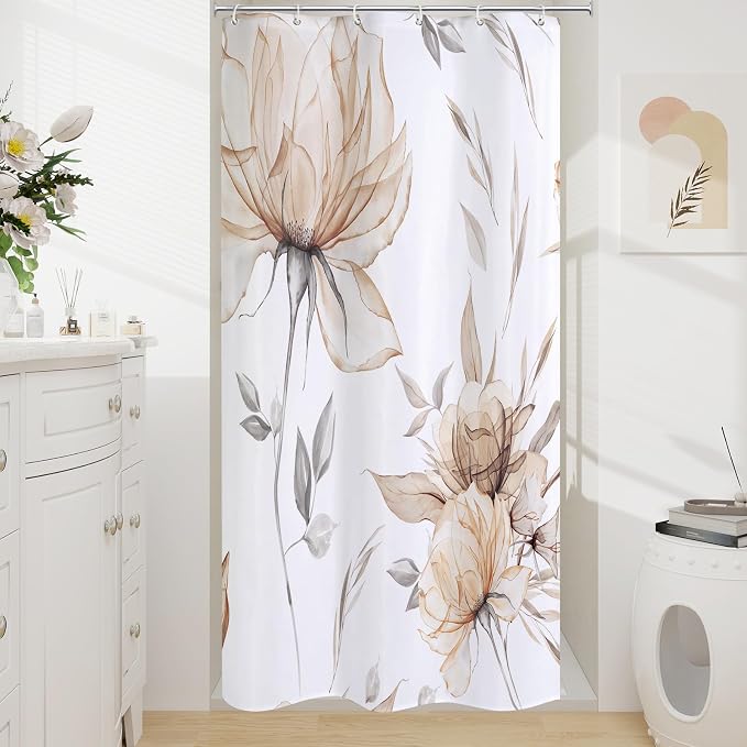 Light Brown Floral Shower Curtain, Watercolor Botanical Design, 36 x 72 | Boho Floral Design, Watercolor Ink Painting Style, Botanical Flowers & Leaves, Elegant Bathroom Accent, Fabric Cloth Curtain