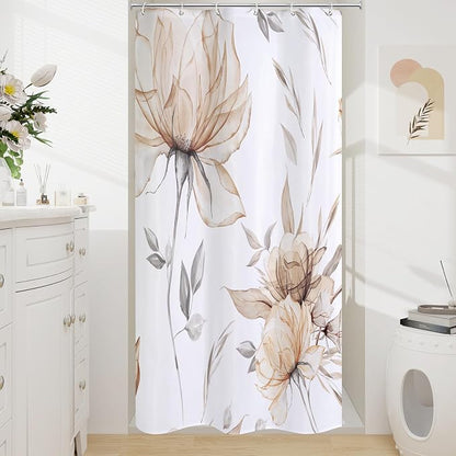 Light Brown Floral Shower Curtain, Watercolor Botanical Design, 36 x 72 | Boho Floral Design, Watercolor Ink Painting Style, Botanical Flowers & Leaves, Elegant Bathroom Accent, Fabric Cloth Curtain