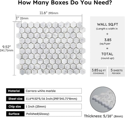 Carrara White Marble Mosaic Tile,1 Inch Hexagon, Polished, 5 Sheets | Natural Bianco Carrera, Marble Stone Backsplash Tiles for Kitchen, Bathroom, Shower Wall and Floor