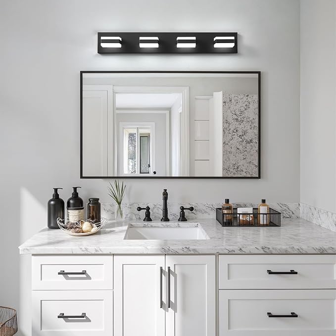 Bathroom Lighting Fixtures Over Mirror, 4 Light Black Vanity Light | Cool White, 5000K, Modern Vanity Wall Lights for Bath, Dressing Room, Restroom, 29.5 inch