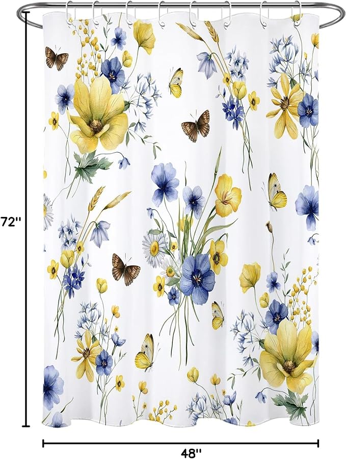 HVEST Farmhouse Floral Shower Curtain with Hooks, Blue and Yellow Flower and Butterfly on White Shower Curtain for Bathroom, Rustic Wildflower Bathroom Curtains Shower Set, 48X72 inch