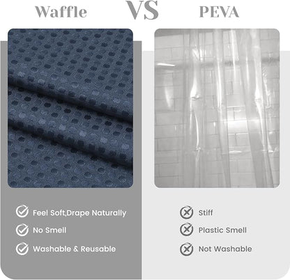 SORTTO No Hook Shower Curtain with Snap in Liner Set Waffle Shower Curtain for Bathroom Hotel Style Fabric Waterproof Inner Liner，54" W x 80" H, Navy Blue