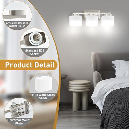 3-Light Bathroom Light Fixtures - Brushed Nickel Bathroom Vanity Lights with Glass Shade Modern Bathroom Lighting Fixtures Over Mirror - Wall Sconce Lamps for Bedroom,Living Room,Hallway
