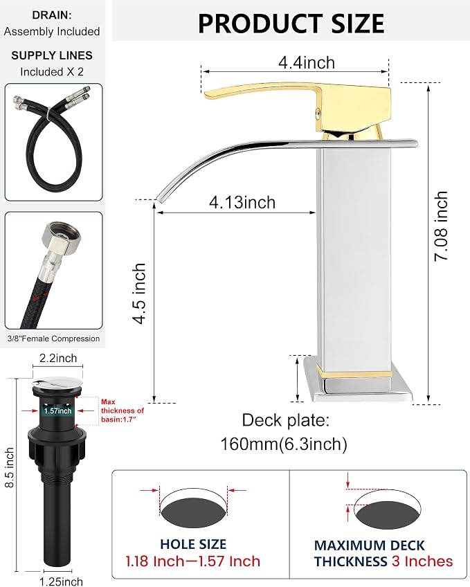 Midanya Waterfall Bathroom Faucet 1 Hole,Polish Gold Handle/Polish Chrome | with 24” Hoses,Pop Up Drain,6” Deck Plate,for 1 or 3 Hole Vanity,Lavatory,RV,Single Handle Bathroom Sink Faucet,NSF Certified