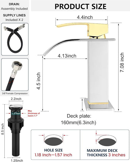 Midanya Waterfall Bathroom Faucet 1 Hole,Polish Gold Handle/Polish Chrome | with 24” Hoses,Pop Up Drain,6” Deck Plate,for 1 or 3 Hole Vanity,Lavatory,RV,Single Handle Bathroom Sink Faucet,NSF Certified