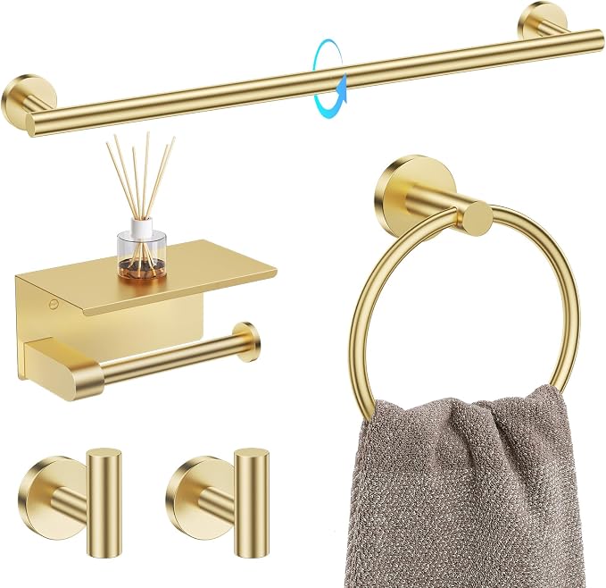 TQKAG 5 Piece Bathroom Hardware Set, Brushed Gold Bathroom Accessories | SUS304 Stainless Steel, 23.6" Brushed Gold Toilet Paper Holder with Shelf, Towel Racks for Bathroom Wall Mounted, Towel Bars