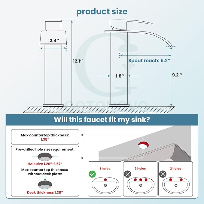 gotonovo Waterfall Tall Bathroom Faucet 1 Hole No Drain, Polish Chrome | Modern Vessel Sink Faucet Single Handle 304 Stainless Steel,24” cUPC Supply Hoses,for Bowl Basin Lavatory Vanity Restroom RV