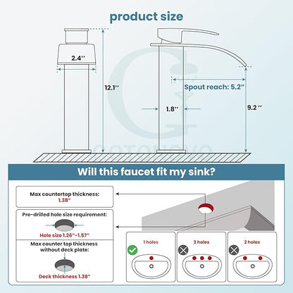 gotonovo Waterfall Tall Bathroom Faucet 1 Hole No Drain, Polish Chrome | Modern Vessel Sink Faucet Single Handle 304 Stainless Steel,24” cUPC Supply Hoses,for Bowl Basin Lavatory Vanity Restroom RV