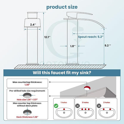 gotonovo Waterfall Tall Bathroom Faucet 1 Hole No Drain, Brushed Nickel | Modern Vessel Sink Faucet Single Handle 304 Stainless Steel,24” cUPC Supply Hoses,for Bowl Basin Lavatory Vanity Restroom RV