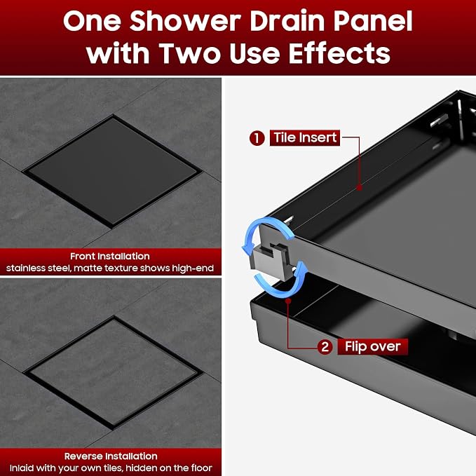 DLONE® Shower Drain | 6 Inch Matte Black with Tile Insert Panel | Square Shower Drain ,with Hair Catcher, Shower Floor Drain Fits Bathroom, Balcony etc