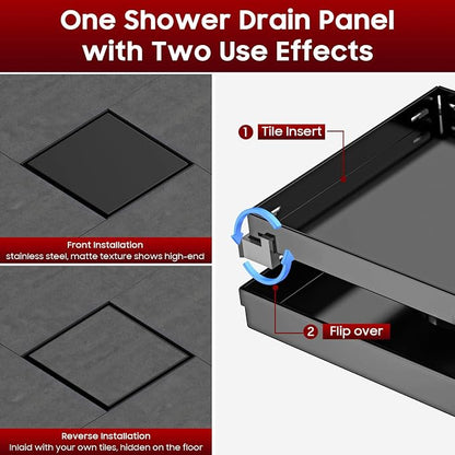 DLONE® Shower Drain | 6 Inch Matte Black with Tile Insert Panel | Square Shower Drain ,with Hair Catcher, Shower Floor Drain Fits Bathroom, Balcony etc