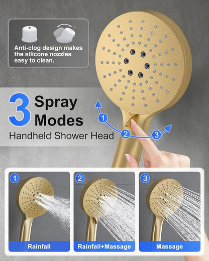 Iriber Brushed Gold Shower head with Handheld,8"+10" Rain Shower Faucet Set | 10 Inch Ceiling +8 Inch Wall Mount Dual Shower Heads,Push Button Diverter Shower System,Pressure Balance Valve