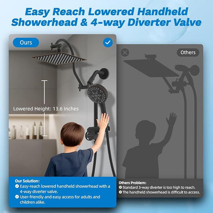 Hibbent High Pressue All Metal 8" Rainfall Shower Head, Handheld 10-Spray | cUPC Certified Oil-Rubbed Bronze Dual Showerhead Combo, 4-way Diverter with Pause Mode, Extension Arm, 71'' Hose & Holder