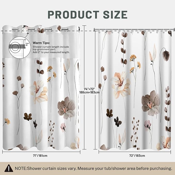 No Hook Floral Shower Curtain with Liner, Brown, 71x74 | Snap in Liner, 3 in 1, Water Repellent, Easy Install, Machine Washable, Hotel Style for Bathroom, Watercolor Pattern