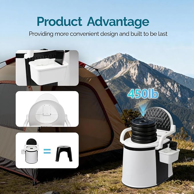 VINGLI Portable Toilet | Back & Handrail Design Commode with 5 Gallon Bucket Inner, Camping RV Toilet for Adult, Kids, Home, Boat, Van, Travel, Black
