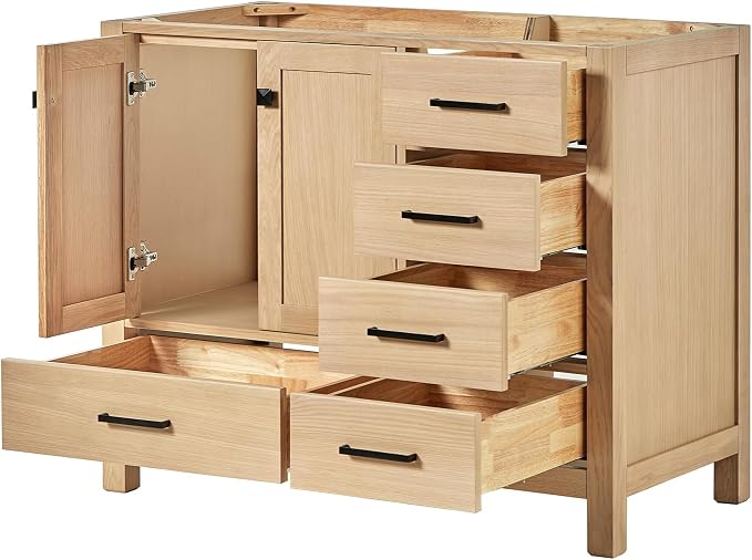 ARIEL Cambridge 42-inch Bathroom Vanity Base Cabinet,Solid Wood, 2 Soft Closing Doors, 5 Dovetail Drawers, White Oak