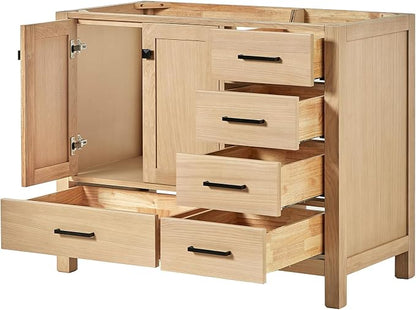 ARIEL Cambridge 42-inch Bathroom Vanity Base Cabinet,Solid Wood, 2 Soft Closing Doors, 5 Dovetail Drawers, White Oak