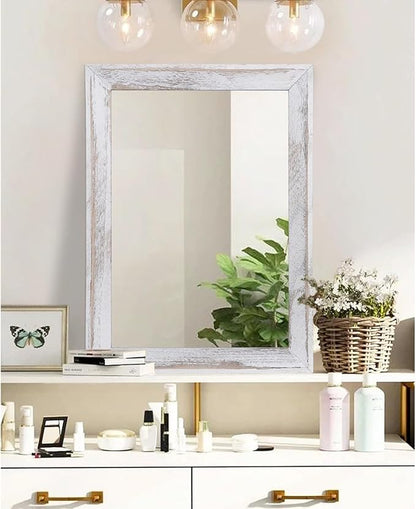 AAZZKANG Mirrors for Wall Rustic Wood Framed Hanging Mirror 26"x18" Decorative for Farmhouse Bedroom Bathroom Living Room Entryway Hallway White
