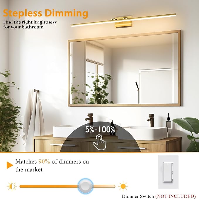 LED Bathroom Vanity Light, Modern Bathroom Light Fixture Over Mirror (3000K/4000K/6000K, Dimmable), Vanity Light Bar with Angle Adjustable, 48 Inch, Brass