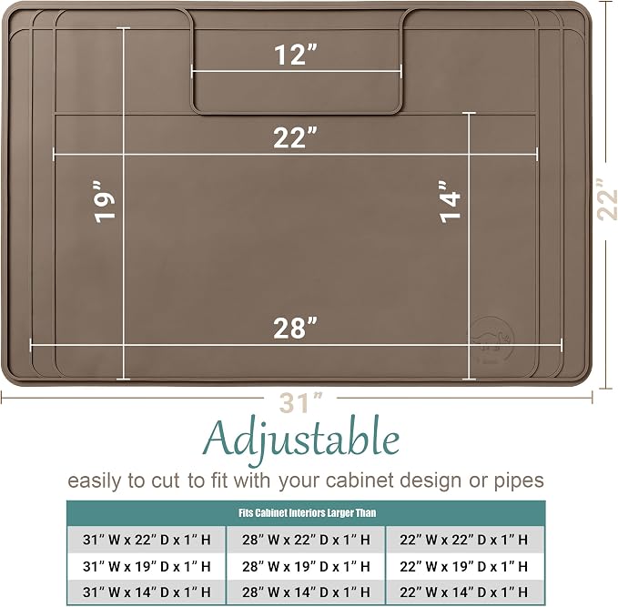 The Original Under Sink Mat - Silicone Waterproof mat, Trimmable, Easy to Clean, Kitchen cabinet liner, Under sink protector mats, Drip Tray with Lip (Brown, 31" x 22")