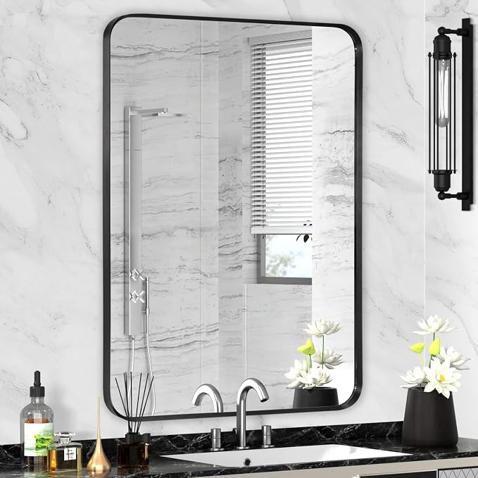 Black Framed Bathroom Mirror, 24" x 32", Matte Black | Rounded Corner Rectangle Vanity Mirror, Brushed Frame, Tempered Glass, Anti-Rust, Hangs Horizontally or Vertically