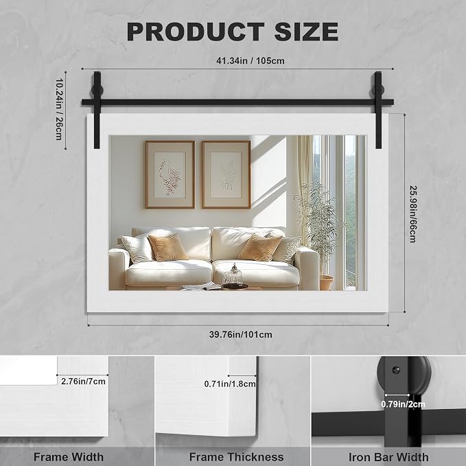 Hasipu Farmhouse Bathroom Mirror, 40"x26" Rustic Wood Framed Wall Mounted Mirror, White Vintage Vanity Mirror Barn Door Style Decrative Mirrors