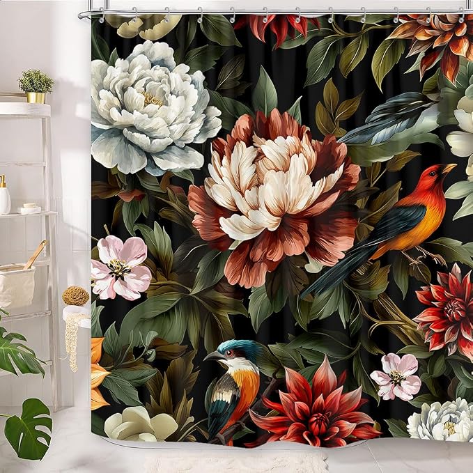 GOAOK Black Boho Floral Shower Curtain, Bright Abstract Bohemian Tropical Leaves Plant Flower Botanical Bird Shower Curtain Set, Modern Aesthetic Boho Chic Fabric Shower Curtain 12 Pack Hooks, 72X72