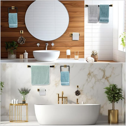 Gisafai 5 Pcs Black Gold Bathroom Hardware Accessories Set 23.6 Inch Bath Towel Bar Kit Stainless Steel Bathroom Hardware Set Towel Racks Ring Robe Hooks Paper Holder for Wall Mounted
