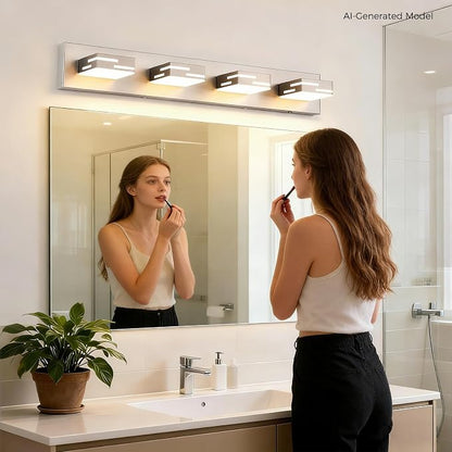 4-Light 5CCT Modern Bathroom Vanity Light Fixtures, 30-Inch 350° Rotatable LED Vanity Lights Over Mirror, Dimmable Brushed Nickel Wall Sconce with Frosted Acrylic Shade