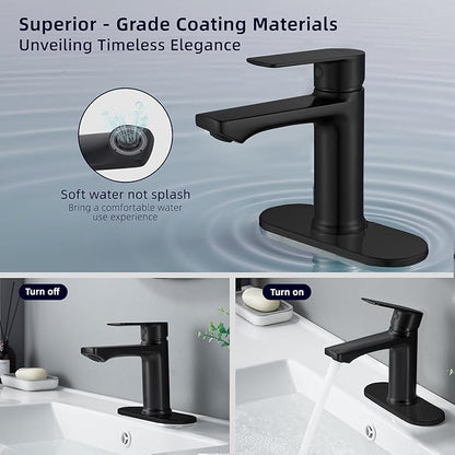 BELZ Black Bathroom Sink Faucet Single Handle Bath Vanity Sink Faucets One Hole with Pop Up Drain and Deck Plate for 1 or 3 Holes Modern Washroom Faucet Matte Black
