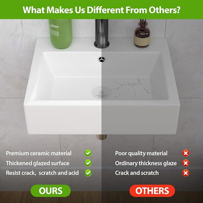 Rectangle Wall Mounted Bathroom Sink 22"x18" | Porcelain Floating Bathroom Sink Wall Hung White Ceramic Vanity Sink for Restroom, Toilet, Lavatory Room