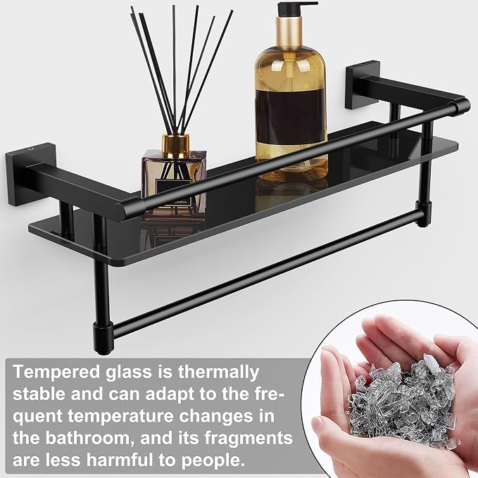 Glass Shelf for Bathroom 20 Inch Bathroom Shelves with Towel Bar Tempered Glass Shelves with Stainless Steel Towel Holder for Wall (All Matte Black)