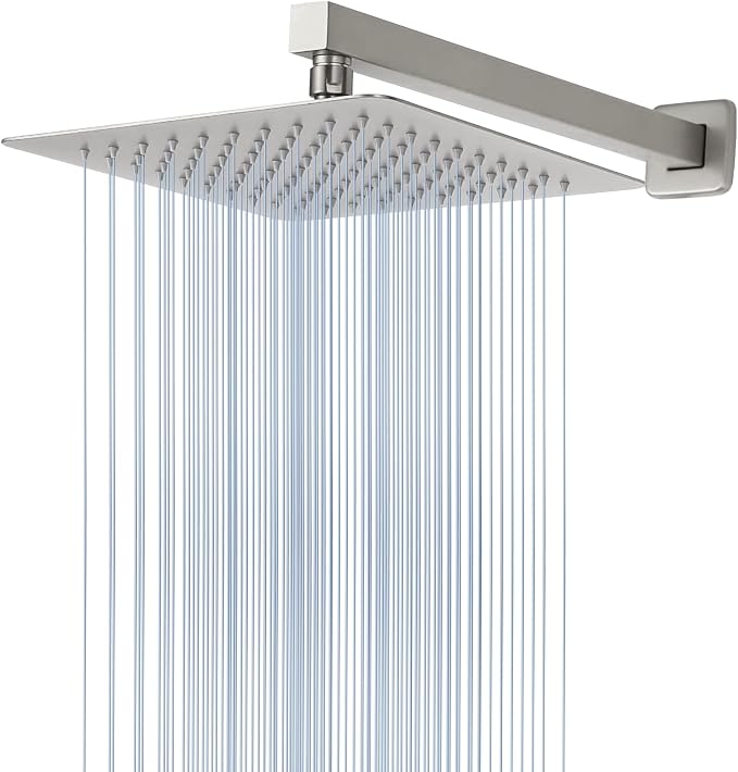 Voolan All Metal Shower Head with Extension Arm, Stainless Steel Waterfall Rainfall Showerheads, High Flow Bathroom Square Rain Shower Head (10’’ Shower Head with 16’’ Shower Arm, Brushed Nickel)