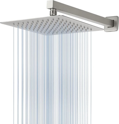 Voolan All Metal Shower Head with Extension Arm, Stainless Steel Waterfall Rainfall Showerheads, High Flow Bathroom Square Rain Shower Head (10’’ Shower Head with 16’’ Shower Arm, Brushed Nickel)