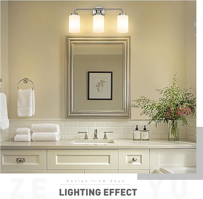 zeyu 21.6-Inch 3-Light Bathroom Lights Over Mirror Fixture, ZS62B-3W BN | Brushed Nickel Vanity Lighting, Milky White Glass Shade, Up/Down Mount, 3 E26 Bulbs Up To 60W Each, For Bathroom Mirror