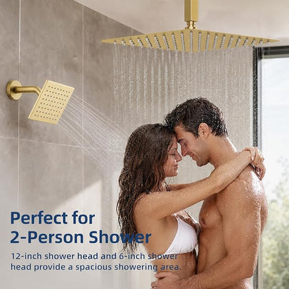 Thermostatic Dual Shower Head System, Brushed Gold Shower Faucet | 12 Inch Ceiling Rainfall Shower, 6 Inch Wall Mount Head, High Pressure Handheld Sprayer, Push Button Valve