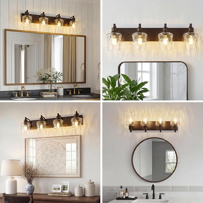 Bathroom Light Fixtures Farmhouse Oil Rubbed Bronze Vanity Lights for Bathroom Lighting Fixtures Over Mirror with Hammered Glass Lampshade for Cabinet Mirror Bedroom Hallway 4 Light