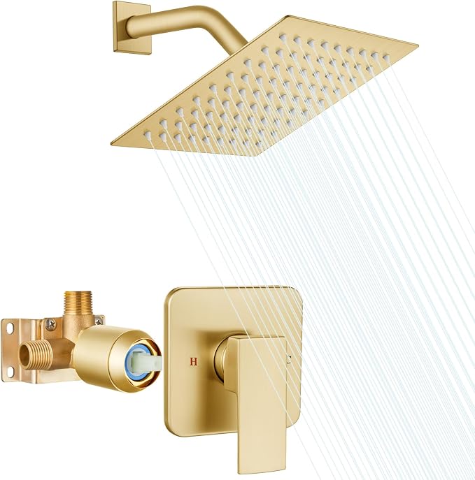 Heyalan 8-Inch Square Rain Shower Faucet Set with Valve, Brushed Gold | SUS304 stainless steel shower head, male NPT 1/2-inch valve, single-handle control, adjustable angle, 1.8 GPM