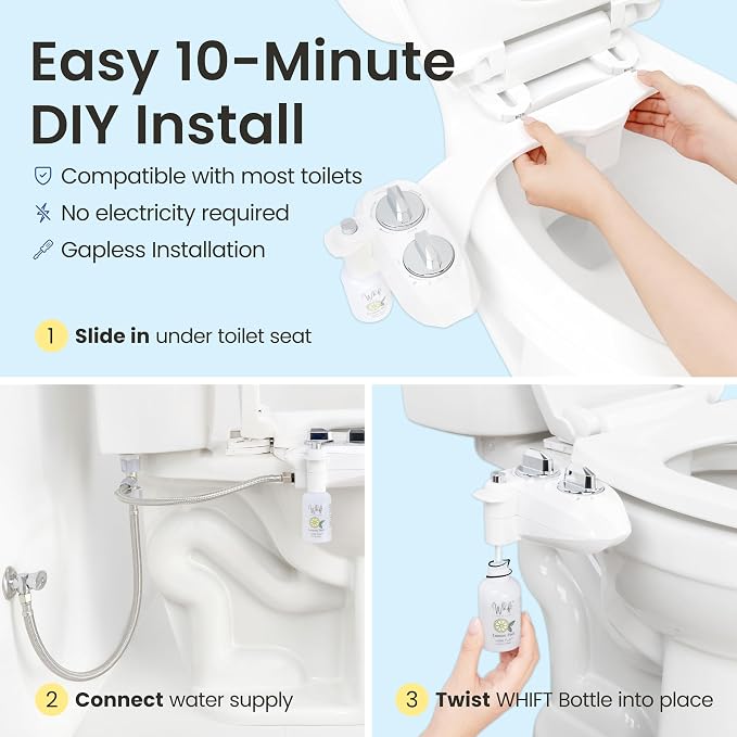 LUXE Bidet WHIFT 185 Bidet - Deodorizing EZ-Lift Bidet Attachment, Chrome | Non-Electric, Built-In Deodorizing Spray, Cold Water, Lemon Refill Included, Easy Slide-In Install, Rear & Feminine Wash