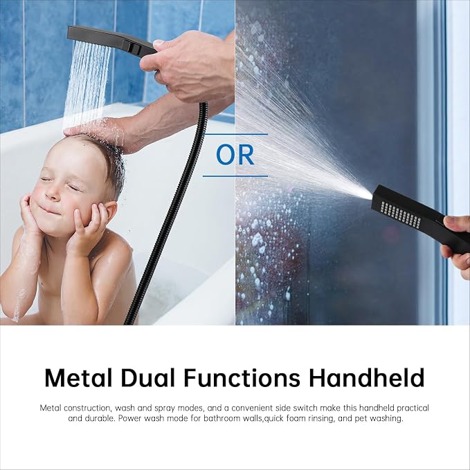 G-Promise 14 Inch All Metal Rain Shower Head with Handheld (Matte Black) | Full Body Coverage, Pause Mode Diverter, Power Wash Mode Handheld, Suits Every Height, Easy to Install, Modern Bath Upgrade