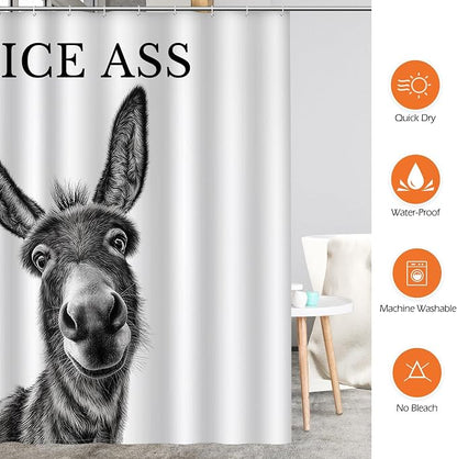 Funny Donkey Nice Ass Shower Curtain Gag Gift Farmhouse Decor Animal Black and White Novelty Sarcastic Rustic Bathroom Bath Decor Bathtub Curtain Fabric Shower Curtain Set with 12 Hooks, 72"x72"