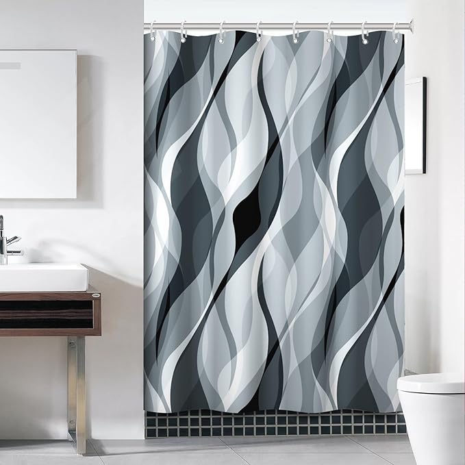 Blue Shower Curtain, Modern Abstract Blue and Grey Striped Shower Curtain Set for Bathroom Waterproof Polyester Shower Curtain with Hooks, 54x72 Inch