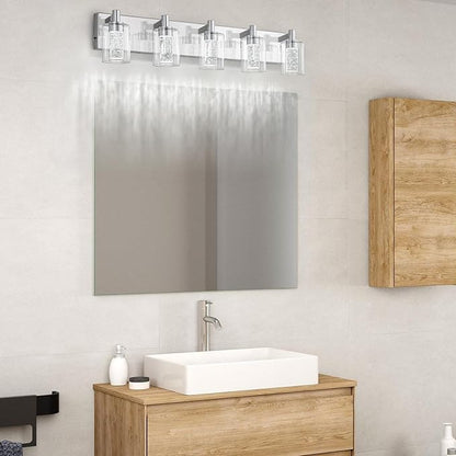 SineRise Vanity Light with 3 Color Modes (3000K/4000K/6000K), Eye Protection LED Bathroom Light Fixture, Dimmable Modern Wall Light Over Mirror with Clear Glass Shade (Chrome, 5-Light)