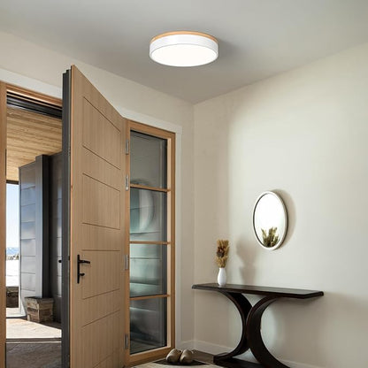 Dimmable Wood Oak Ceiling Light Fixture Modern White LED Flush Mount Ceiling Light 5CCT Minimalist Circle Close to Lighting Fixture for Bedroom Kitchen Bathroom Laundry Room 11.81 Inch