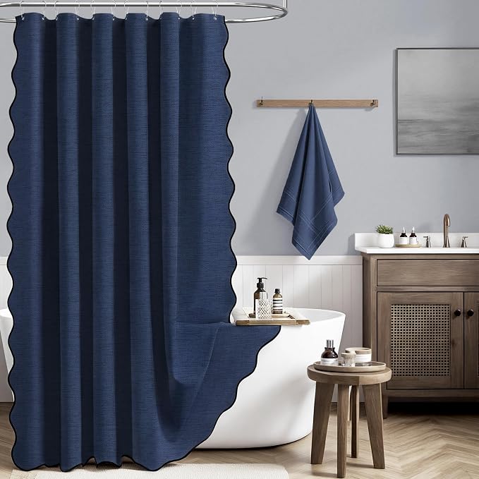 BTTN 108x72 Boho Scalloped Linen Textured Cloth Shower Curtain, Navy Blue | Extra Wide Size, 230GSM Waterproof Polyester, Heavy Duty Fabric, 18 Plastic Hooks, Modern Farmhouse Style, Machine Washable