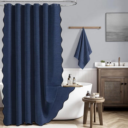 BTTN 108x72 Boho Scalloped Linen Textured Cloth Shower Curtain, Navy Blue | Extra Wide Size, 230GSM Waterproof Polyester, Heavy Duty Fabric, 18 Plastic Hooks, Modern Farmhouse Style, Machine Washable