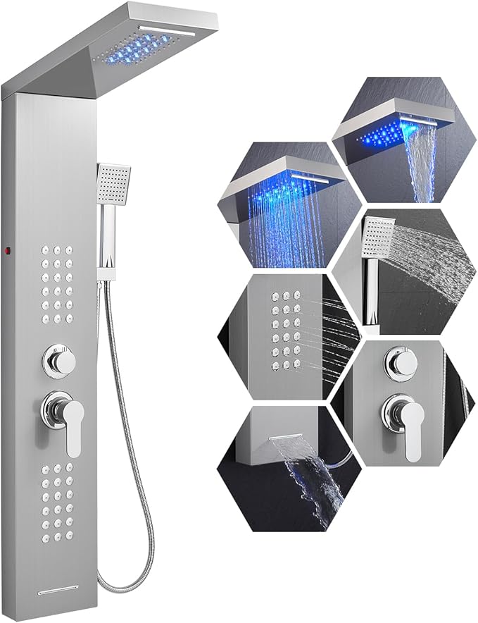 LED Shower Panel Tower System with Rainfall Waterfall Shower Head, 5-in-1 Shower Tower with Powerful Body Jets, Handheld and Tub Spout, Shower Column Stainless Steel, Brushed Finish