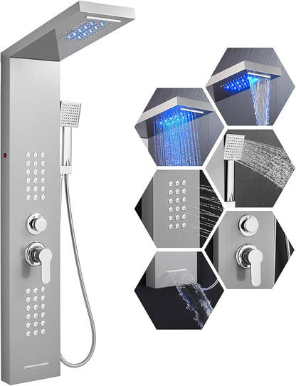 LED Shower Panel Tower System with Rainfall Waterfall Shower Head, 5-in-1 Shower Tower with Powerful Body Jets, Handheld and Tub Spout, Shower Column Stainless Steel, Brushed Finish